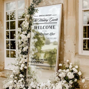 Newspaper Wedding Selfie Mirror Welcome Sign with Names | Custom Welcome Sign Decal Removable Small Wedding Mirror Diy Vinyl Entrance Mirror