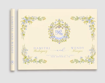 Floral Crest Wedding Guest Book - Pastel Blue - Vacation Home - Alternative Guest Book - Watercolor Illustrated Venue Guestbook