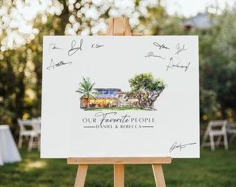 Canvas Wedding Guest Book Framed Print - Custom Venue Illustration - Watercolor Venue - Illustrated Venue Guestbook, Alternative Guest Book