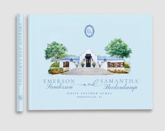 Blue Wedding Guest Book with Custom Venue Illustration - Illustrated Venue Guestbook, Alternative Guest Book, Hardcover Guestbook