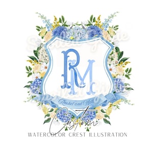 Custom Blue Watercolor Crest, Wedding Monogram Crest Design, Custom Wedding Stationery, Digital Wedding Monogram, Digital Wedding Logo