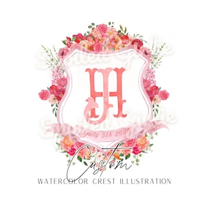 Custom Pink Watercolor Crest, Wedding Monogram Crest Design, Custom Wedding Stationery, Digital Wedding Monogram, Digital Wedding Logo