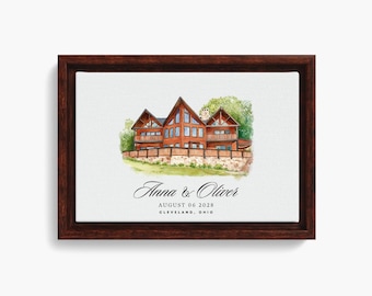 Framed Canvas Wedding Guest Book - Custom Venue Illustration - Watercolor Venue - Illustrated Venue Guestbook, Alternative Guest Book