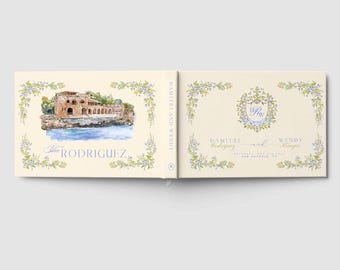 Custom Watercolor Wedding Crest Guest Book - Pastel Blue - Vacation Home - Alternative Guest Book - Watercolor Illustrated Venue Guestbook