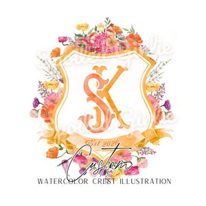 Custom Tropical Watercolor Crest, Wedding Monogram Crest Design, Custom Wedding Stationery, Digital Wedding Monogram, Summer Wedding Logo