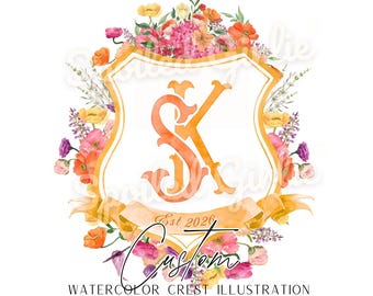 Custom Tropical Watercolor Crest, Wedding Monogram Crest Design, Custom Wedding Stationery, Digital Wedding Monogram, Summer Wedding Logo