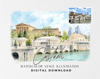 Illustration numérique personnalisée du lieu de mariage à l'aquarelle