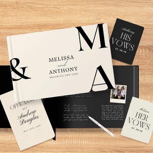 Black and Beige Minimalist Wedding Guest Book, Vow Books, & Officiant Book Set