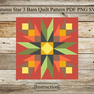 Może przedstawiać: Wzór patchworku przedstawiający gwiazdę w kolorystyce czerwonej, pomarańczowej, żółtej, zielonej, brązowej i czarnej. Wzór nosi nazwę "Autumn Star 3 Barn Quilt Pattern".