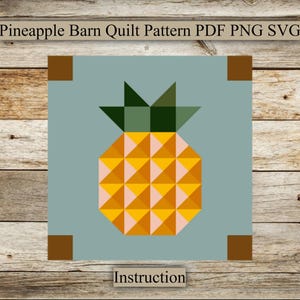 May include: A digital quilt pattern featuring a geometric pineapple design in shades of yellow, orange, pink, and green. The pattern is set against a light blue background. The text "Instruction" is at the bottom of the image.