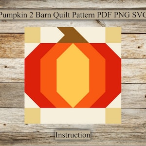 May include: A digital pattern for a pumpkin-shaped quilt block. The pattern is made up of orange, yellow, and brown squares. The text "Instruction" is at the bottom of the image.