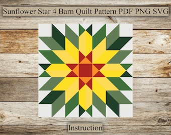 Sunflower Star (4), Barn Quilt Pattern, Wood Barn Quilt, PDF Instruction for Drawing, SVG for Laser Engraving and Cutting, Digital Download