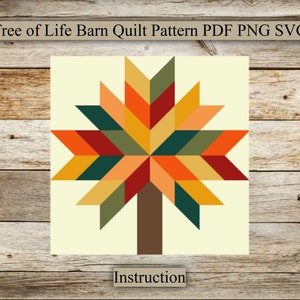 Pode incluir: Um padrão de colcha com uma árvore estilizada com um tronco marrom e uma explosão de estrelas de folhas coloridas em tons de laranja, vermelho, amarelo e verde. O padrão está sobre um fundo creme e o texto "Instruction" está abaixo da árvore.