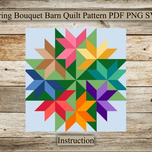 May include: A colourful quilt pattern featuring a starburst design with a variety of colours, including pink, yellow, blue, green, orange, and purple. The pattern is set against a light blue background. The text "Instruction" is at the bottom of the image.