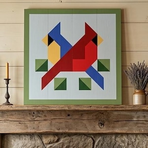 May include: A square wooden wall art piece featuring a geometric design of two birds, one red and one blue, with yellow accents. The artwork is framed by a solid green border and set against a light blue background with dark green geometric shapes.