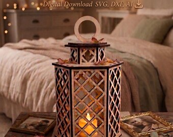 May include: A wooden lantern with a geometric lattice design, lit by a warm candle. The lantern has a circular handle and is surrounded by framed photos and dried rose petals. Text on the image reads "LANTERN PATTERN" and "Digital Download SVG, DXF, AI".