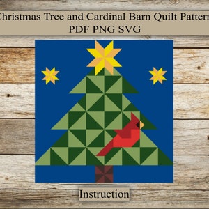 May include: A Christmas tree quilt pattern featuring a green tree with a red cardinal, yellow stars, and the text "Instruction".