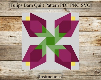 May include: A quilt block pattern featuring a tulip design with purple, green, and yellow colors. The pattern is called "Tulips Barn Quilt" and includes instructions for making the quilt block.