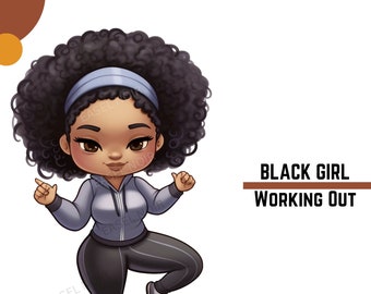 May include: A cartoon illustration of a Black girl with curly black hair wearing a blue headband, a gray sweatshirt, and black pants. She is working out by lifting her right leg.