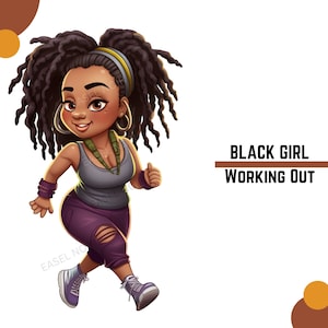 Black Girl-training | Grote maten dames | Fitness clipart | Bochtige meisje Clipart | PNG | Digitale planner-stickers