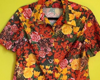 70s All Over Photo Print Neon Floral Blouse -Size Medium