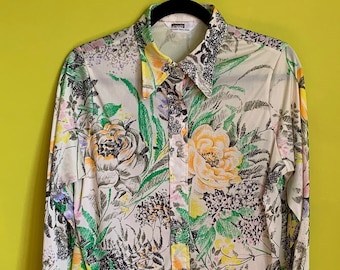 70s Floral with Black Scribble Blouse-Montgomery Wards- US W S/M see dimensions shiny polyester