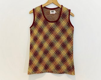 70s Vest Argyle Style Shadow Plaid Fall Vibe Vest-Golden Vee Knitted Fashion- Size Medium See dimensions