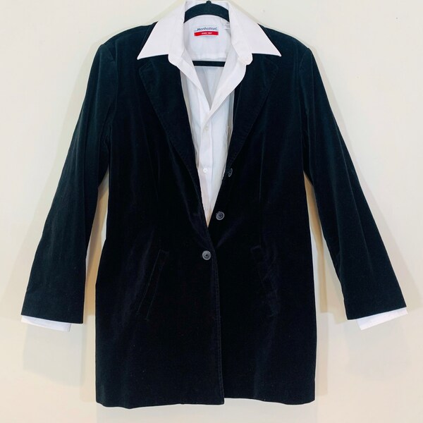 Vintage 90s Extra Long Oversized Black Velvet Blazer Jacket-M/L- Excellent- Travel Smith