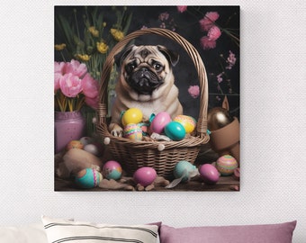 Easter Eggs Pug Wall Art Matte Canvas,Abstract Canvas Print,Artwork,Animal Canvas,Pug Lover Artwork,Decoration,Cute Easter Art