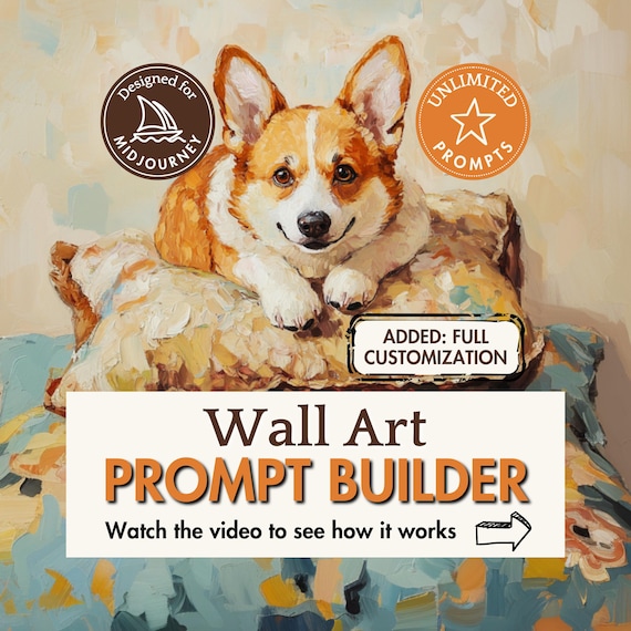 Wall Art Prompt Builder Midjourney prompt tool AI template create oil painting illustration make hand drawn pet portrait ai art pod design