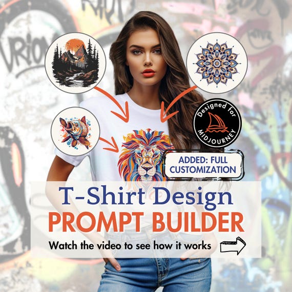 T-Shirt Design Prompt Builder Midjourney prompt tool sublimation vector graphic clipart AI pod design Dall-E Ideogram Flux Google Sheets