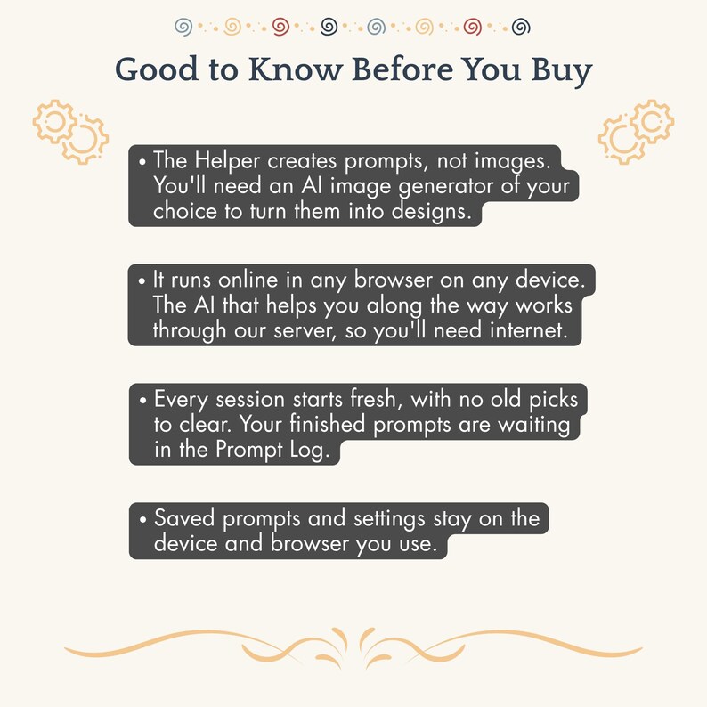 May include: An informational graphic titled Good to Know Before You Buy with four bullet points explaining that the Helper creates prompts, requires internet, starts fresh sessions, and saves settings locally on the device and browser.