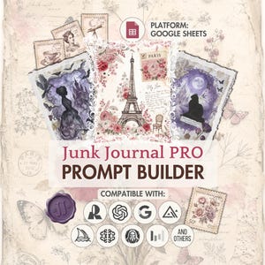 Op de afbeelding: Een digitaal Junk Journal PRO PROMPT BUILDER hulpmiddel voor Google Sheets met een collage van illustraties in vintage-stijl, waaronder de Eiffeltoren, florale motieven, een silhouet van een persoon, een kat en Franse postzegels op een crèmekleurige achtergrond.