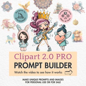 Clipart prompt bouwer PRO Midjourney prompt generator ai art prompt sjabloon sticker pictogram avatar logo lijst prompt gids ai clipart-tool