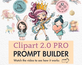 Generador de indicaciones para imágenes prediseñadas PRO, generador de indicaciones para Midjourney, plantilla de indicaciones artísticas con IA, icono de pegatina, avatar, logotipo, marco, guía de indicaciones, herramienta de imágenes prediseñadas con IA