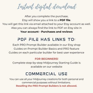 May include: An informational graphic with text detailing an instant digital download process. It explains that a PDF file contains links to PRO Prompt Builders, guides, a Midjourney starting guide, and terms regarding commercial use and resale.