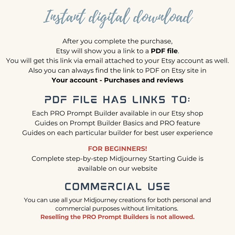 May include: An informational graphic with text detailing an instant digital download process. It explains that a PDF file contains links to PRO Prompt Builders, guides, a Midjourney starting guide, and terms regarding commercial use and resale.