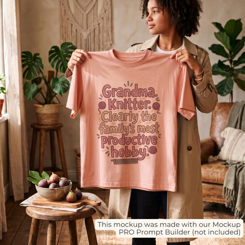 May include: A peach-colored t-shirt featuring the text "Grandma. Knitter. Clearly the family's most productive hobby." The design includes illustrations of yarn balls and knitting needles in a dark brown color, printed on the front of the shirt.