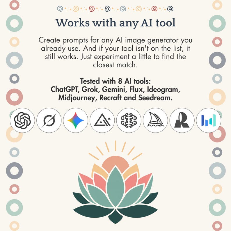 May include: A digital graphic with the text Works with any AI tool, followed by instructions and a list of 8 AI tools: ChatGPT, Grok, Gemini, Flux, Ideogram, Midjourney, Recraft and Seedream. The design features a lotus flower icon at the bottom.