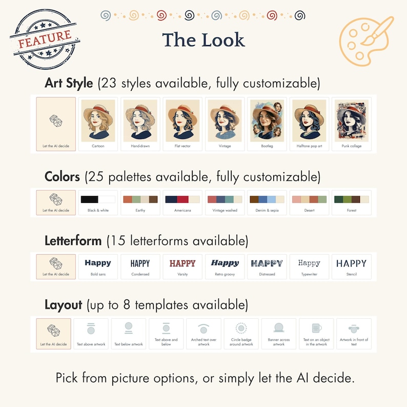 May include: A digital customization guide titled The Look featuring four categories: Art Style with 23 options, Colors with 25 palettes, Letterform with 15 font styles, and Layout with 8 templates. Each section displays icons and text options.