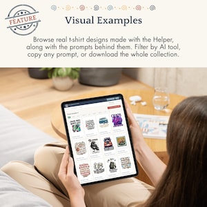 May include: A tablet screen displaying a grid of various t-shirt graphic designs under the heading Visual Examples. The interface includes text prompts, filter options, and a download button for a collection of digital illustrations and typography.