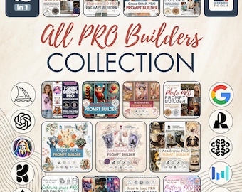 15 Prompt Builder PRO Collection Midjourney Dall-E Ideograma Leonardo Flux Clipart Junk Journal Character Photo Wall art ChatGPT Planilha do Google