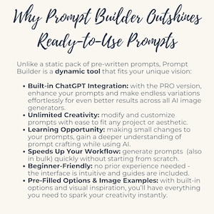 May include: A white informational graphic with dark text titled Why Prompt Builder Outshines Ready-to-Use Prompts. It lists benefits including built-in ChatGPT integration, unlimited creativity, learning opportunities, faster workflows, beginner-friendly features, and pre-filled options.