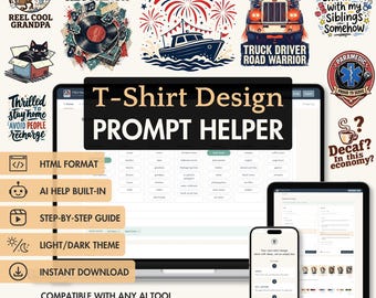 T-Shirt Design Prompt Helper - POD Shirt Design Ideas, AI-Powered HTML Prompt Tool for ChatGPT, Grok, Gemini, Works on Phone and Desktop