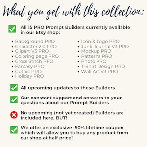 May include: A digital information graphic titled What you get with this collection: listing 15 PRO Prompt Builders including Background, Character 2.0, Clipart V3, Coloring page, Cross Stitch, Fantasy, Gothic, Holiday, Icon & Logo, Junk Journal V3, Mockup, Patterns, Photo, T-Shirt Design, and Wall Art V3 PRO, plus updates, support, and a 50% lifetime discount coupon.