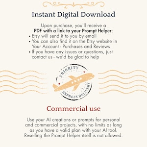 May include: A digital document titled Instant Digital Download featuring instructions for a PDF link to a Prompt Helper. It includes a graphic of an airplane inside a circular stamp labeled Priority Express Delivery and text regarding commercial use.