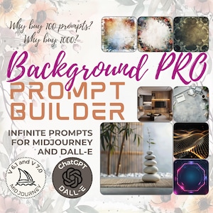 Pode incluir: Um produto digital para criar fundos usando Midjourney e Dall-E. A imagem mostra uma variedade de fundos, incluindo um fundo de aquarela, um fundo de madeira, um fundo de pedra e um fundo digital. O texto na imagem diz "Background PRO Prompt Builder Infinite Prompts for Midjourney and Dall-E V 6.1 and V 7.0 Midjourney ChatGPT Dall-E".