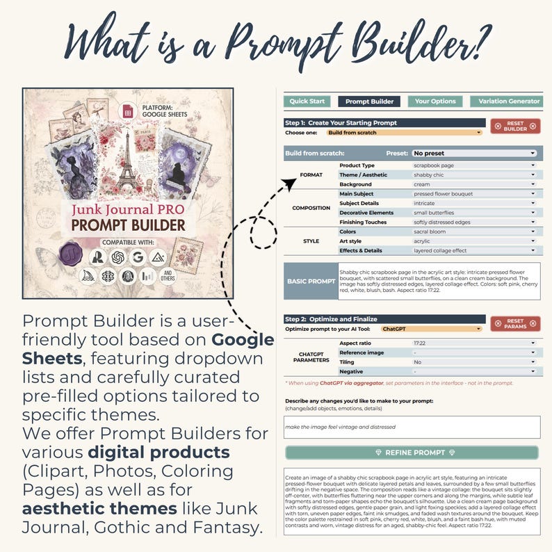 May include: A digital tool interface titled Junk Journal PRO PROMPT BUILDER, compatible with Google Sheets. The image displays a software layout with dropdown menus for selecting prompt parameters, including format, composition, and style settings.