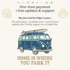 May include: A graphic illustration of a dark blue and light green vintage van with a surfboard on the roof. Text reads: One-time payment + free updates & support, Pay once and the Helper is yours, No subscription, no hidden costs, HOME IS WHERE YOU PARK IT.