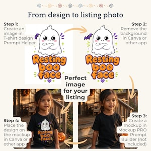 May include: An instructional graphic titled From design to listing photo showing four steps to create a t-shirt listing. It features a cartoon ghost with the text Resting boo face and a child wearing a black t-shirt with the same ghost design.